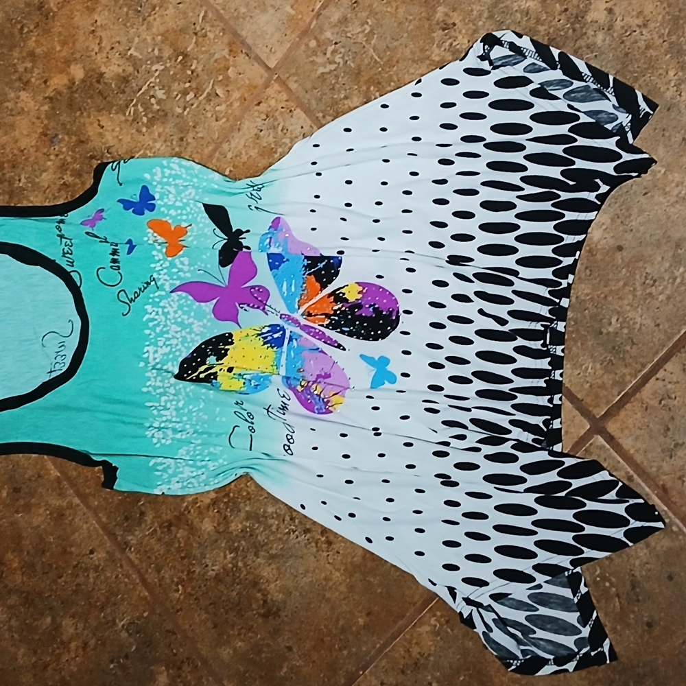 Vintage Multicolored MultiGraphic Butterfly Print Women's Tunic Top